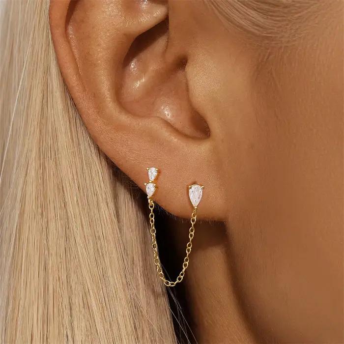AIDE 925 en argent Sterling chaînes de cristal boucle d'oreille pour les femmes strass Double goujons Cartilage Piercing boucle d'oreille bijoux fins