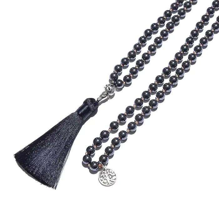 Collier noué en hématite noire de 8 mm, 108 perles, Mala de méditation, bijoux de bénédiction pour le yoga, pour hommes et femmes, Japamala, chapelet