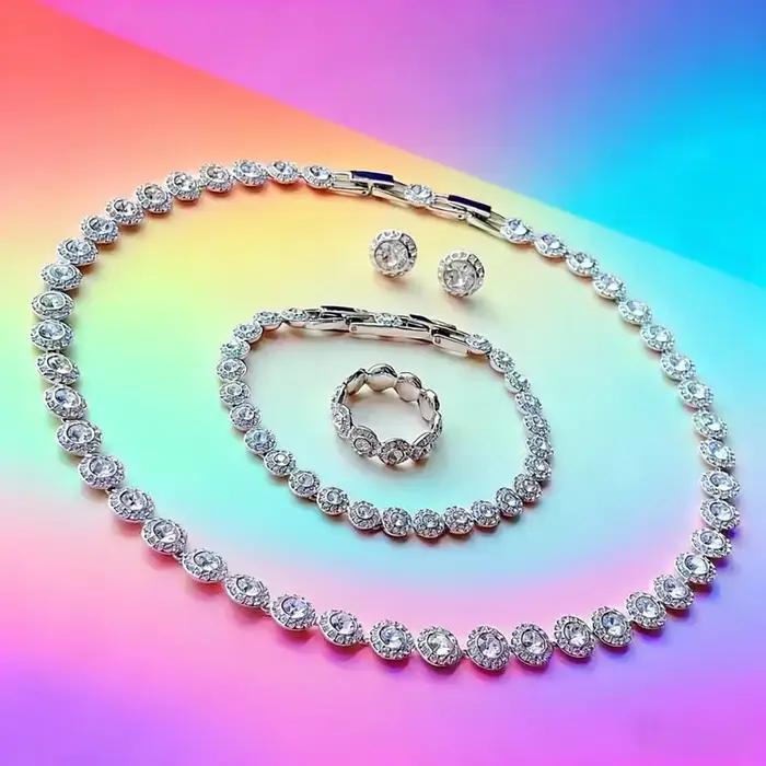 Ensemble de bijoux 2025 - Happiness Diamond - Boucles d'oreilles rondes en cristal, bracelet, collier - Ensemble de bijoux pour femmes avec de magnifiques pierres précieuses - Série Una Angelic