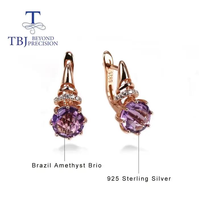 Briolette – boucles d'oreilles rondes en améthyste naturelle pour femme, bijoux fins en argent sterling 8.0 de 925mm, coupe spéciale, style brésilien, design simple