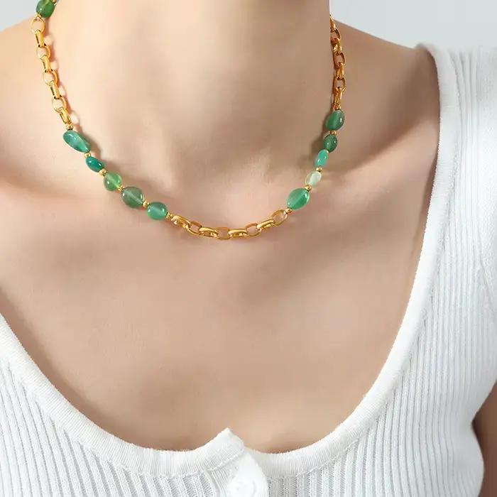Magnifique collier de perles d'agate verte pour femmes, chaîne en acier inoxydable plaqué or, bijoux élégants, cadeau