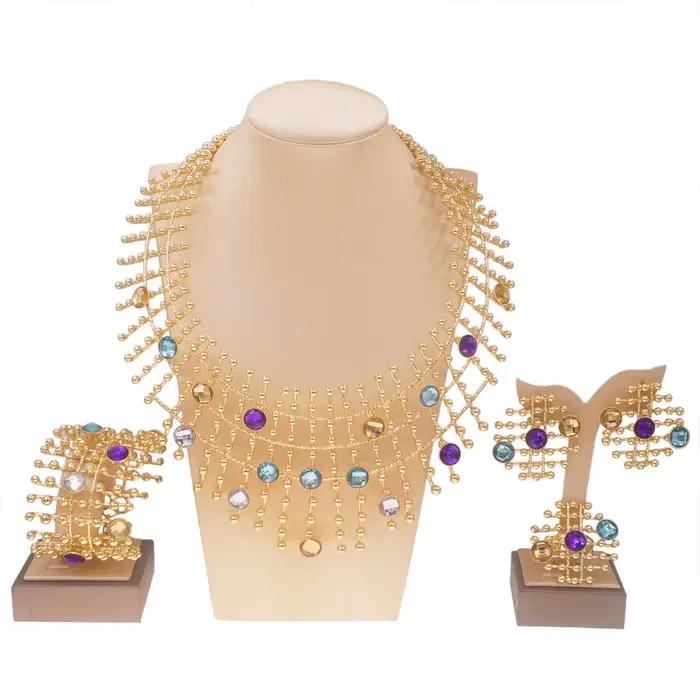 Ensemble de bijoux pour femmes plaqué or 24 carats, collier, boucles d'oreilles, bracelet, bague, pierres multicolores
