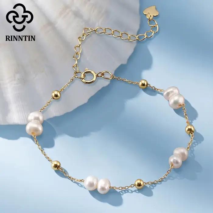 Bracelet chaîne de perles en or 14 carats et argent sterling 925 Rinntin Rerto, bracelet de perles pour femme, bijoux de fête GPB40