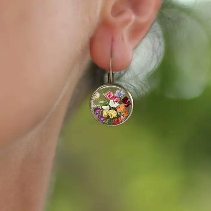 Boucles d'oreilles Vintage en grappe de fleurs, rondes rétro, Bronze Antique, dôme en verre, bijoux pour femmes