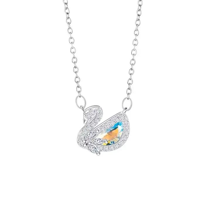 Collier Pendentif Cygne Designer en Argent Sterling Incrusté de Zircons et Cristaux Colorés, Chaîne de Clavicule Brillante pour Femme, Cadeau Bijou