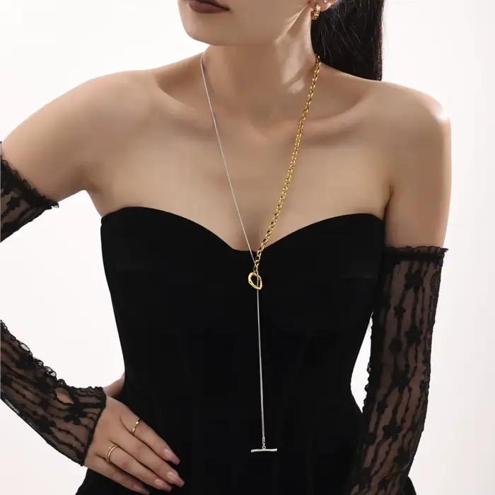 Collier Long réglable bicolore en acier inoxydable pour femmes, 80cm, couleur or argent 18 carats, boucle OT, chaîne de pull pour femmes