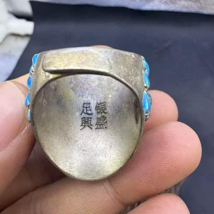 Bague unisexe de style mongol vintage, incrustée à la main de turquoise naturelle stabilisée, bijou ethnique tibétain antique pour le doigt