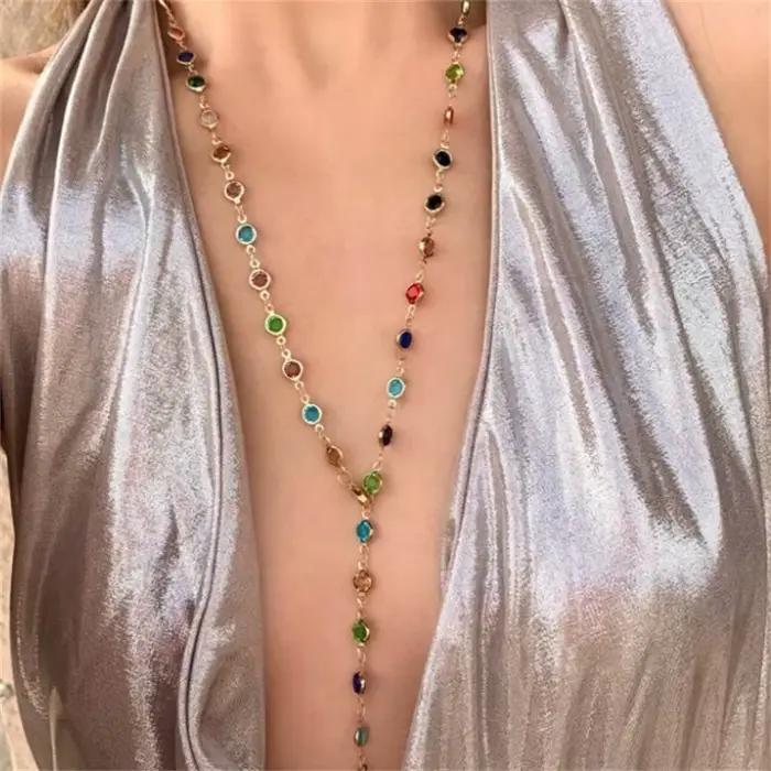 Collier bohème en verre coloré Long en forme de Y, chaîne de clavicule en métal, couleur or argent, fête de vacances d'été, bijoux de corps, cadeaux