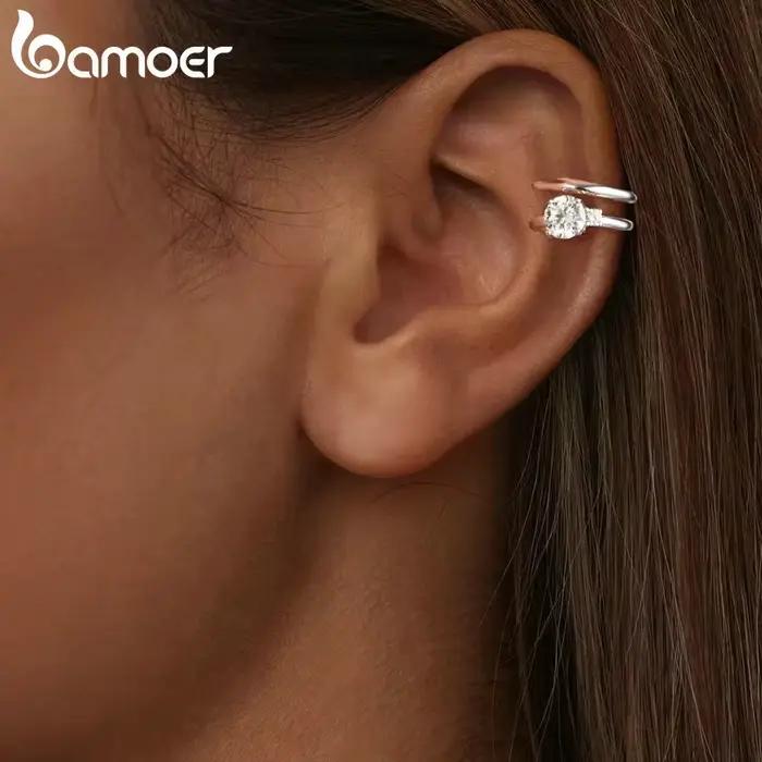 BAMOER Mono plaqué or blanc Double couche Moissanite oreille manchette 925 en argent Sterling oreille pince Moissanite boucles d'oreilles pour les femmes