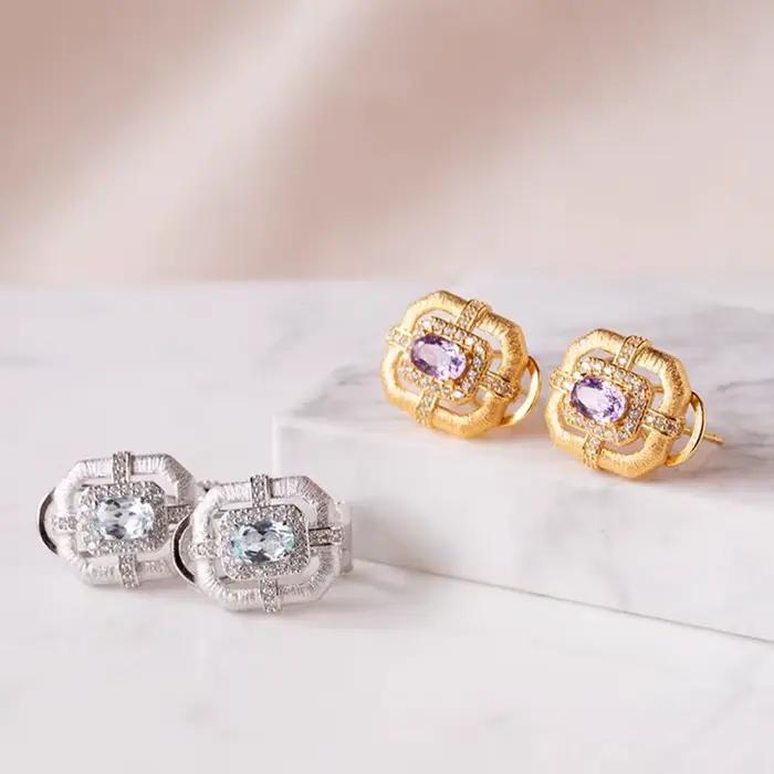 Foyimagination-Boucles d'oreilles à tige diamant vintage pour femme, bijoux en or italien, artisanat de tréfilage, design géométrique, luxe, violet, bleu de mer