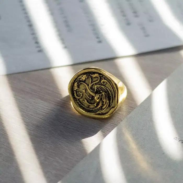 Dragon House TargarFP Ring Cosplay, Dragon à trois têtes, Alliage d'or, Bagues en métal, Bijoux, Accessoires de costume de fête
