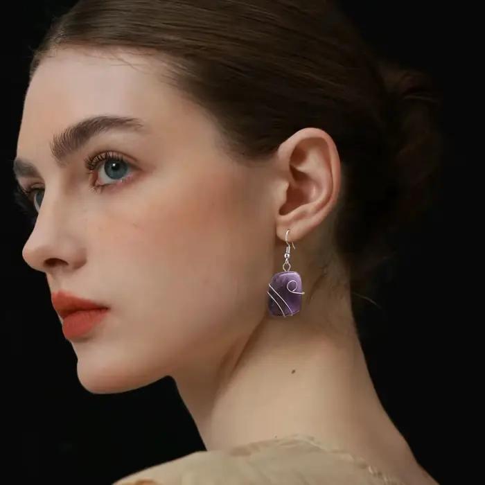 Boucles d'oreilles carrées en soie, Jade naturel, améthyste, cristal blanc, obsidienne, cadeau, bijoux pour femmes, Boucles d'oreilles en pierre naturelle