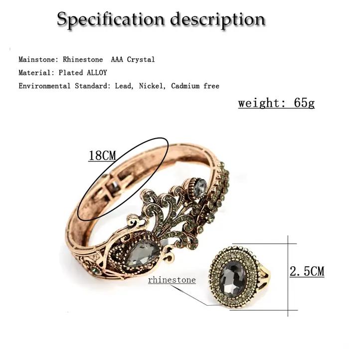 Chaude ronde résine femmes Vintage Bracelet fleur anneau Antique or couleur ethnique Bracelet manchette anneau ensembles de Bijoux turc Bijoux de mariée