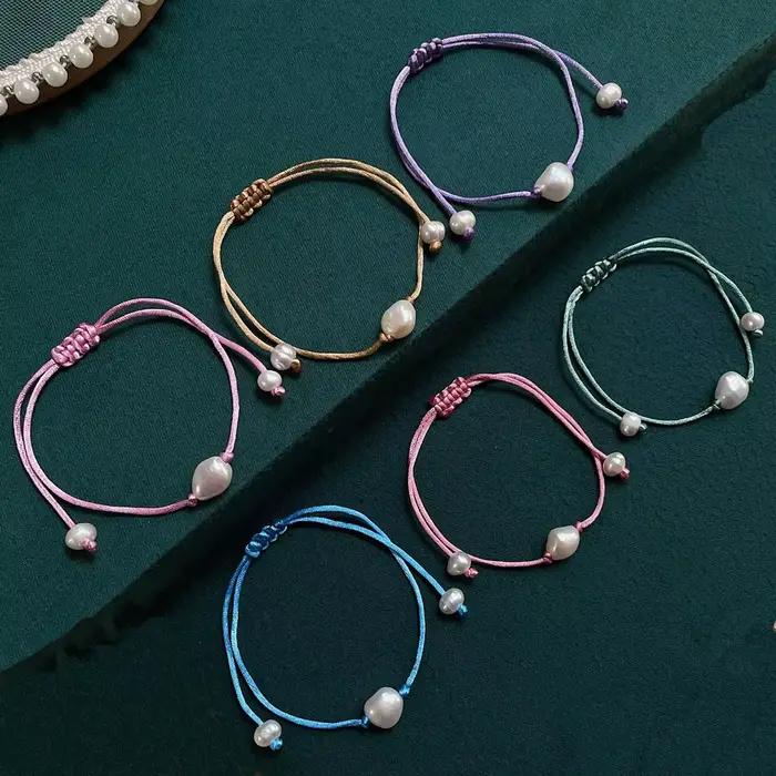 Bracelet de Perles d'Eau Douce Naturelles pour Femme et Fille, Corde Rouge et Noire Irrégulière, Grande Perle Baroque, Breloque Chia, Boho