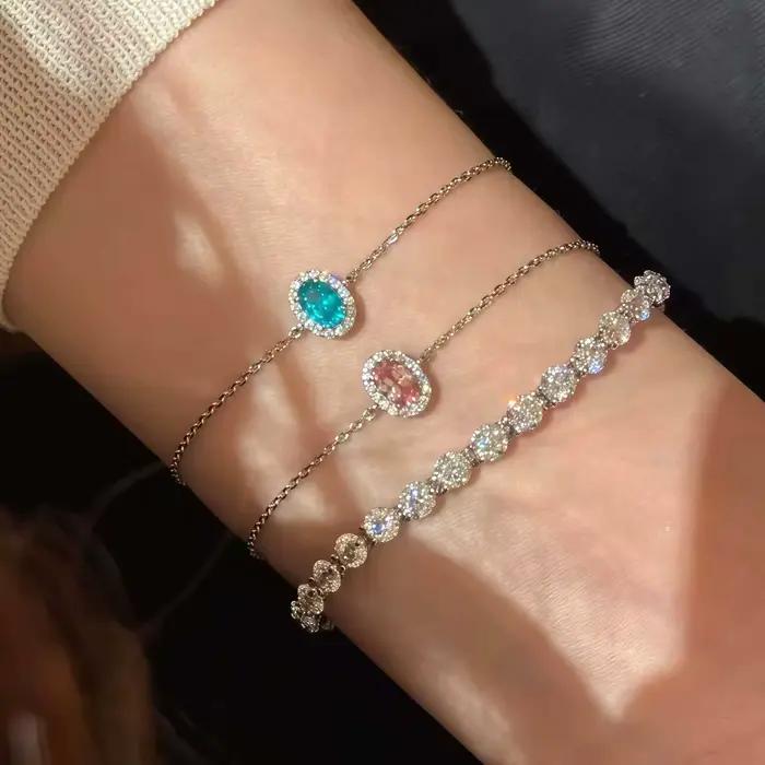 Bracelet en argent Sterling 925, ovale, rose, zircone cubique, Halo, chaîne fine réglable, pour femmes, bijoux élégants pour tous les jours, cadeau