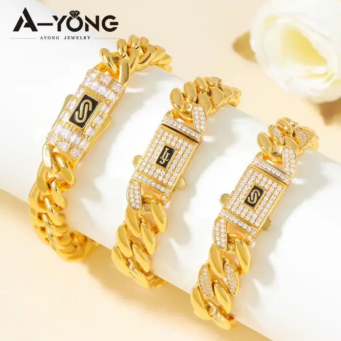 Bracelet Hip Hop de Luxe Dubaï Plaqué Or 21 carats Zirconium Italien Bracelets Cubains Tendance Bijoux Punk pour Femmes Arabes Événements et Fêtes