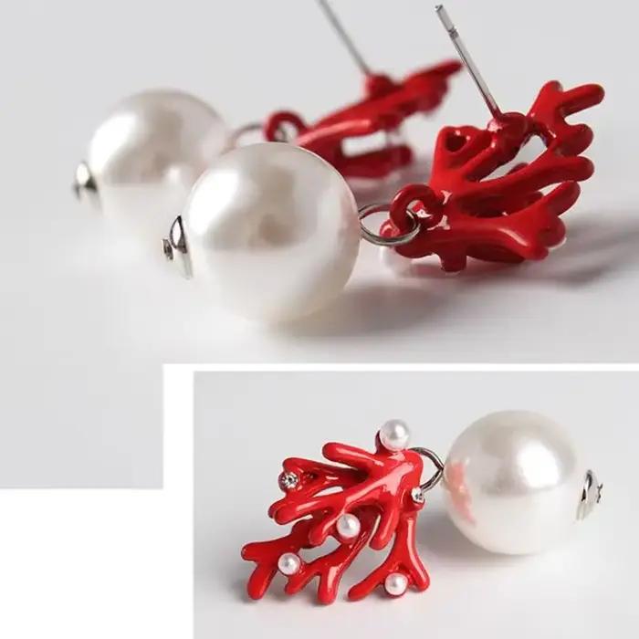 Femmes acrylique émail rouge corail résine bois perle boucles d'oreilles bijoux
