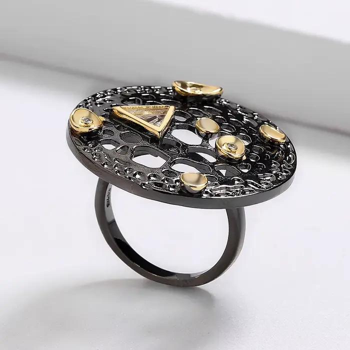 Bague de personnalité exagérée pour hommes et femmes, ronde, creuse, bicolore, or noir, bicolore, bijoux italiens, nouveau