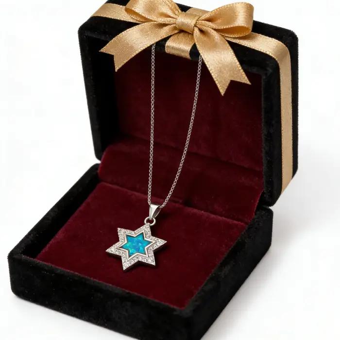 Collier étoile de David, pendentif minimaliste délicat avec opale bleue et CZ, cadeau de bijoux unique pour femmes, bijoux juifs couleur argent