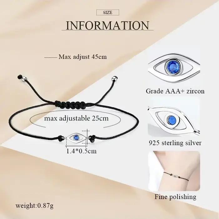 Bracelet KALETINE Evil Eye en argent sterling 925 pur pour femmes, avec CZ bleu, bijoux turcs pour hommes, chaîne en corde noire réglable