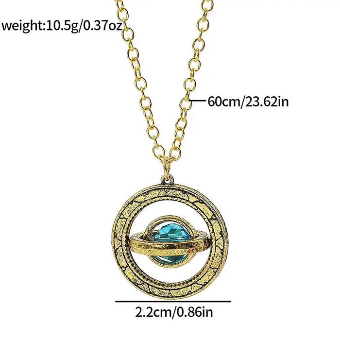 Collier Pendentif Planète Rotative Vintage en Or Antique avec Cristal Bleu, Bijou Saturne Rétro Tournant