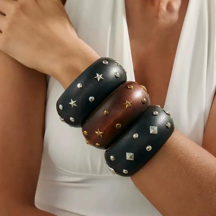 Bracelet circulaire en bois Vintage, bracelet géométrique exagéré pour femmes, bijoux à main de style punk à la mode, cadeaux