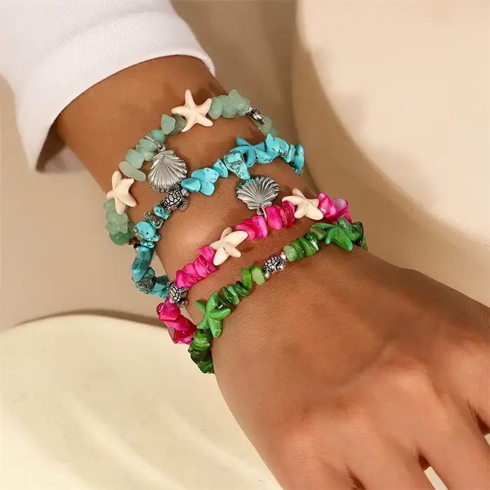 Bracelet Bohème Fait Main avec Perles pour Femme, Breloques Coquillages et Étoiles de Mer, Bijoux d'Été pour Filles, Cadeaux de Vacances à la Plage