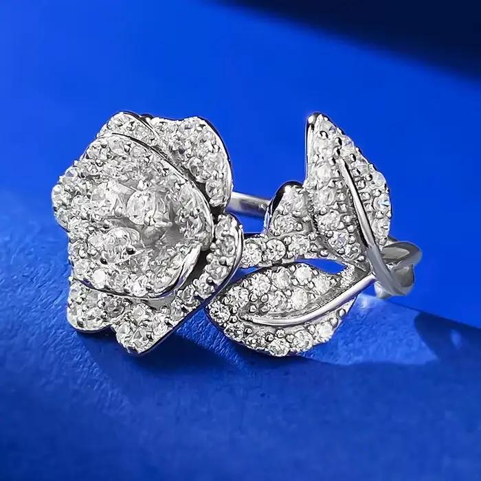 Bague Camélia avec diamant à haute teneur en carbone, 100% argent sterling 925 véritable, bagues de fiançailles et de mariage pour femmes, bijoux de mariée, cadeau