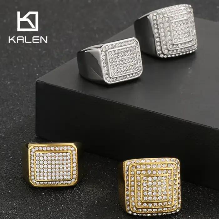 KALEN Hip Hop acier inoxydable Zircon grand anneau pour hommes femmes couleur or carré bague gros Anillos bijoux à la mode cadeau