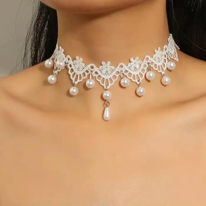 Collier ras du cou gothique classique en dentelle pour femmes, pendentif en perles à pampilles, colliers à breloques, bijoux Boho, cadeau de noël X079