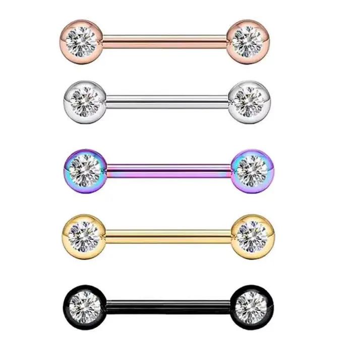 Anneaux de téton en acier inoxydable, bijoux de piercing dorés pour femmes, barres de téton doubles en cristal CZ, 14G / 16mm