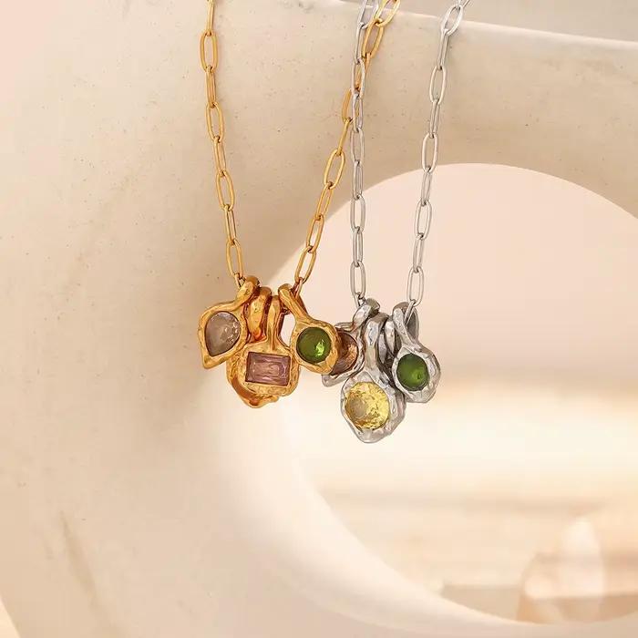E.B.belle Molten Hammer Collier pendentif en pierres précieuses irrégulières et colorées, chaîne trombone en acier inoxydable 316L, bijoux de mode pour femme, nouveauté