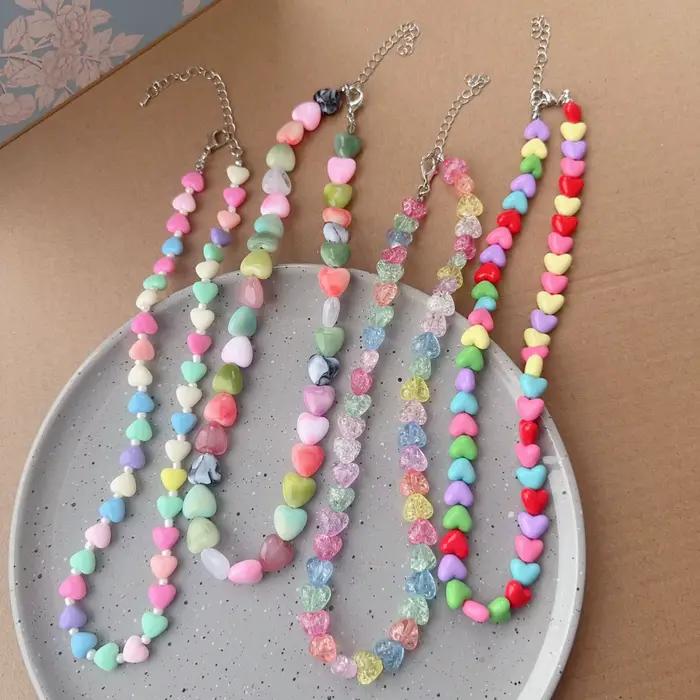 Y2K Harajuku – collier ras du cou en résine acrylique colorée pour femmes, pendentif en perles, cœur, doux, esthétique, breloque, accessoires bijoux gothiques