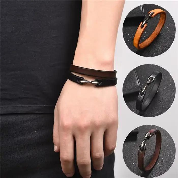 Bracelet rétro en cuir véritable pour homme et femme, bijou classique à crochets, couleur noir, marron, Orange, idéal comme cadeau