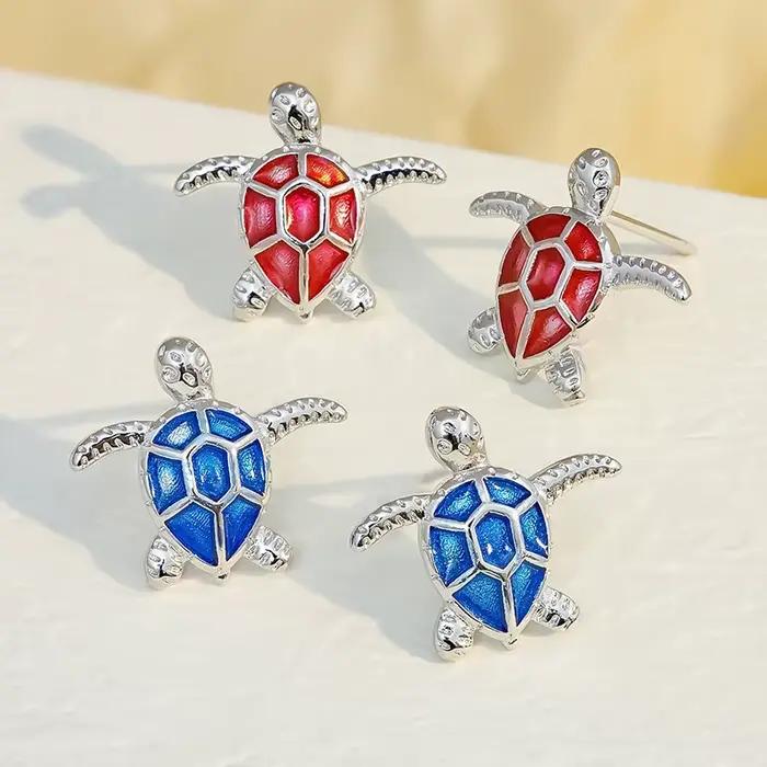 Boucles d'oreilles tortue Animal mignon pour femmes, couleur argent, bleu, rouge, émail, résine, bijoux de fête, de plage