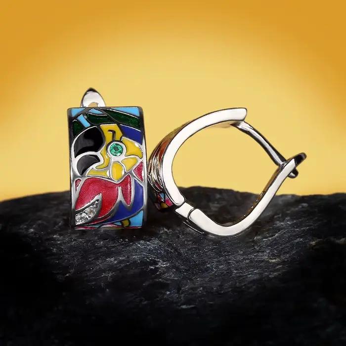Boucles d'oreilles en forme de perroquet pour femmes, en argent 925, colorées, faites à la main, en émail, uniques, à la mode, géométriques, bohème