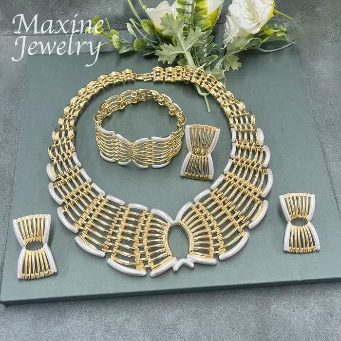 Ensemble de bijoux plaqué or 18 carats de Dubaï pour femme, collier italien exquis, boucles d'oreilles originales, bracelet, bague, cadeaux de fête de mariage pour patients