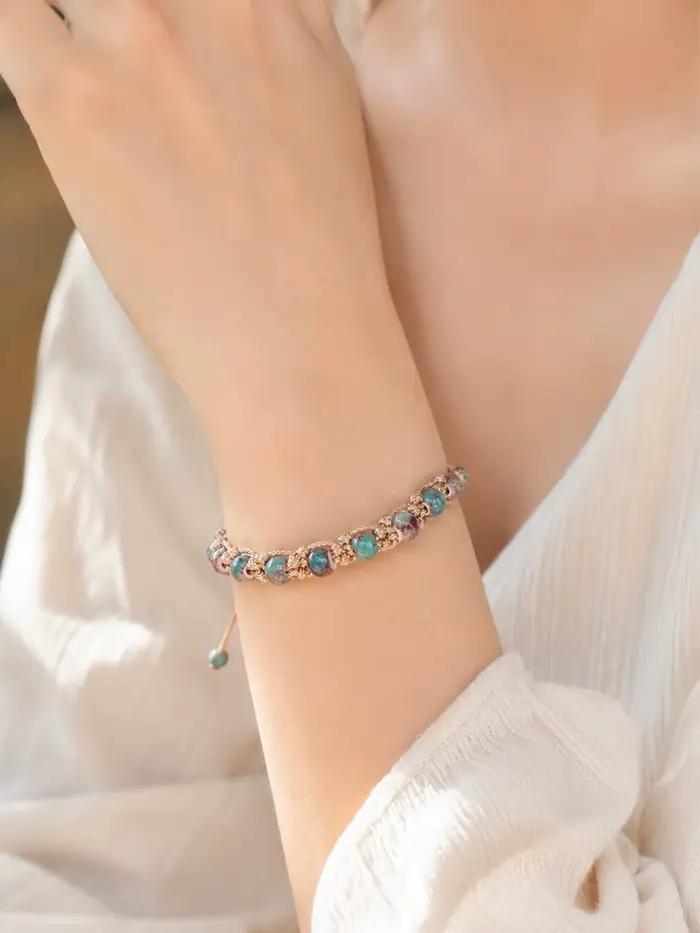 Bracelet en cordon doré avec perles en céramique Guifei, fait à la main, cordon ciré réglable, bijoux, cadeau S04-0113