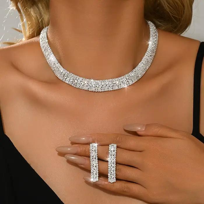Ensemble de bijoux collier et boucles d'oreilles Super scintillants pour femmes, collier de mariage de mariée Simple et luxueux, élégant et élégant