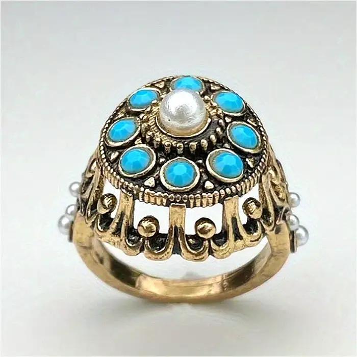Bague Vintage Exquise en Turquoise Synthétique et Bronze pour Femme, Style Bohème Tendance, Accessoire de Bijouterie pour Banquet et Anniversaire
