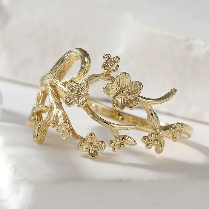 Bague vintage pour femme, motif branche et fleur sculptés à la main, en métal doré, géométrique, pour usage quotidien, bijoux de fête, cadeau d'anniversaire