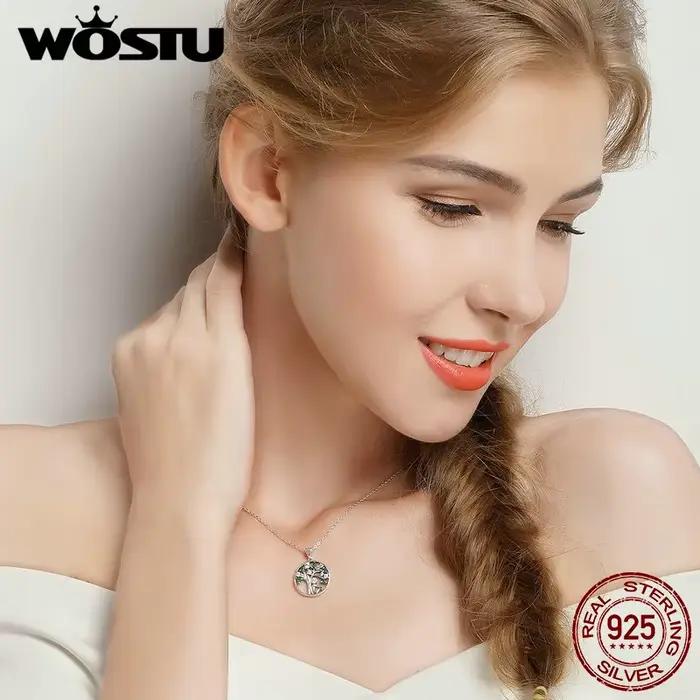 WOSTU Collier Arbre de Vie en argent sterling 925 véritable, pendentif rond en zircone cubique verte, bijoux Arbre de Famille, cadeau pour elle