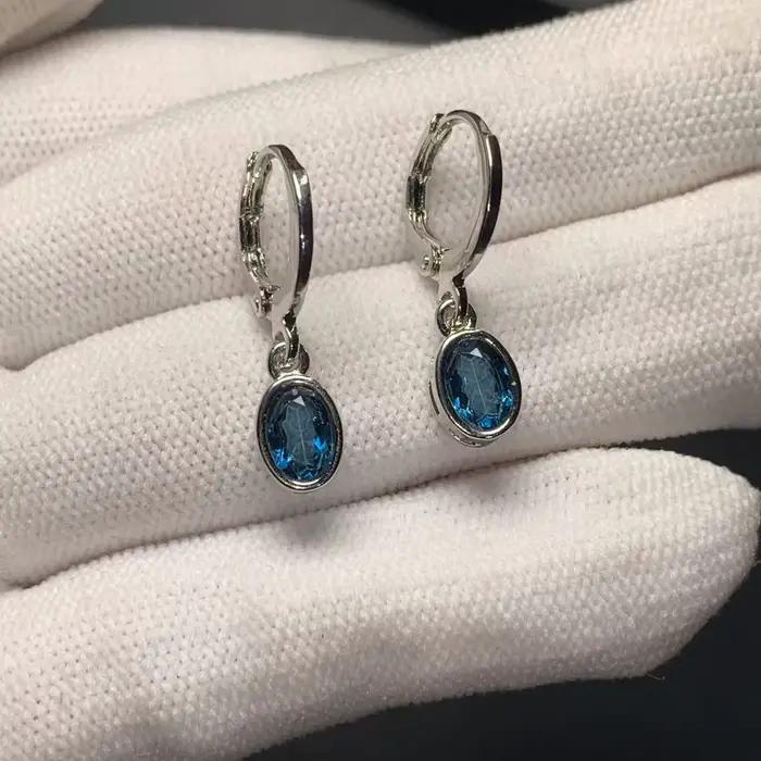 HEYYA STONE Vintage naturel bleu topaze boucles d'oreilles Simple classique rond cercle pierres précieuses bijoux à la main 14K or exclusif