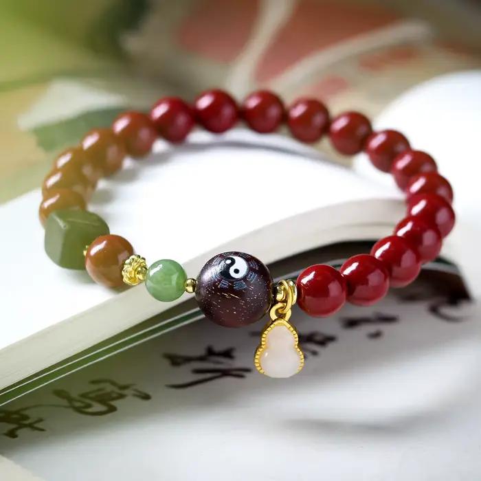 Bracelet ethnique en cinabre avec perles des Neuf Trigrammes Taoïstes et pendentif gourde pour femme, bijou de poignet, cadeau