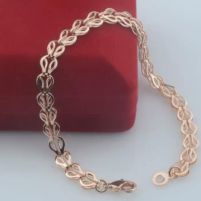 6mm femmes 585 couleur or Rose plume en forme Double couche serpent collier Bracelet ensemble bijoux