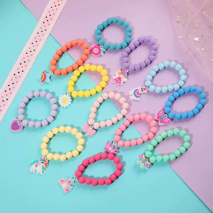 Bracelets élastiques en perles, couronne de petite princesse, papillon, licorne, cœur, fleur et château, cadeau pour enfants filles, 12 pièces/ensemble