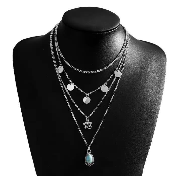 Collier Aihua bohème multicouche couleur argent avec pendentif œil pour femme, style vintage