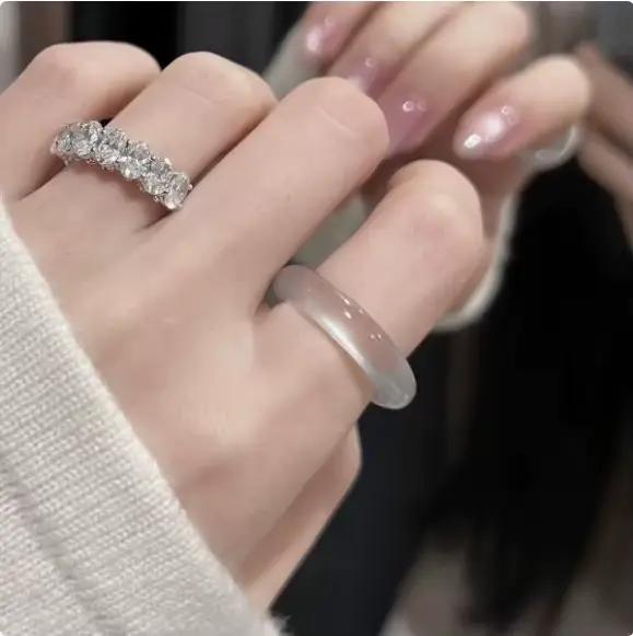 Bague en Agate Naturelle pour Femme, Bijou Élégant, Cadeau, Pierres Énergétiques de Guérison, Agate Blanche Haute Qualité, Anneaux en Jade
