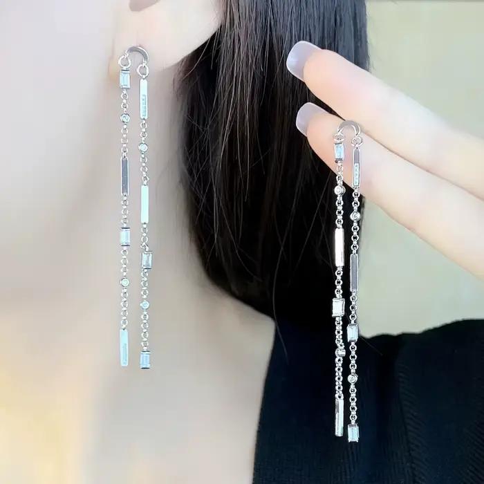 Boucles d'oreilles pierres angulaires coupe Baguette, bijoux longs et glamour pour femmes, cadeau d'été en argent Sterling 925