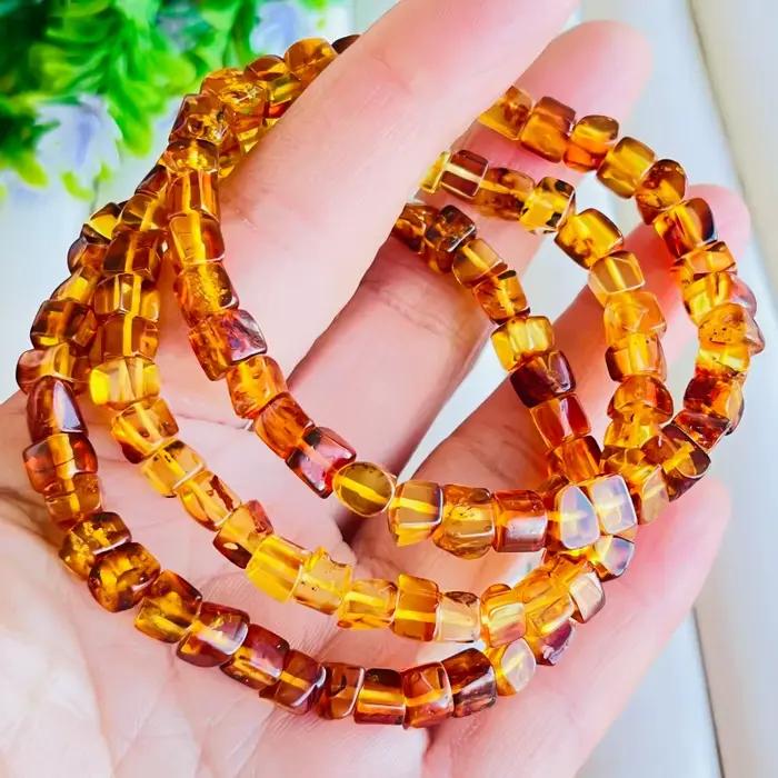 Bracelet en ambre naturel pour femmes, pierres précieuses de guérison, bijoux fins, véritable ambre baltique, fleur, perles carrées